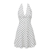 Women’s Polka Dot Halter Mini Dress, Deep V Neck Backless Tie Back Fit and Flare Summer Party Dress