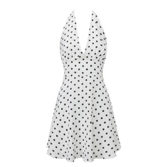 Women’s Polka Dot Halter Mini Dress, Deep V Neck Backless Tie Back Fit and Flare Summer Party Dress
