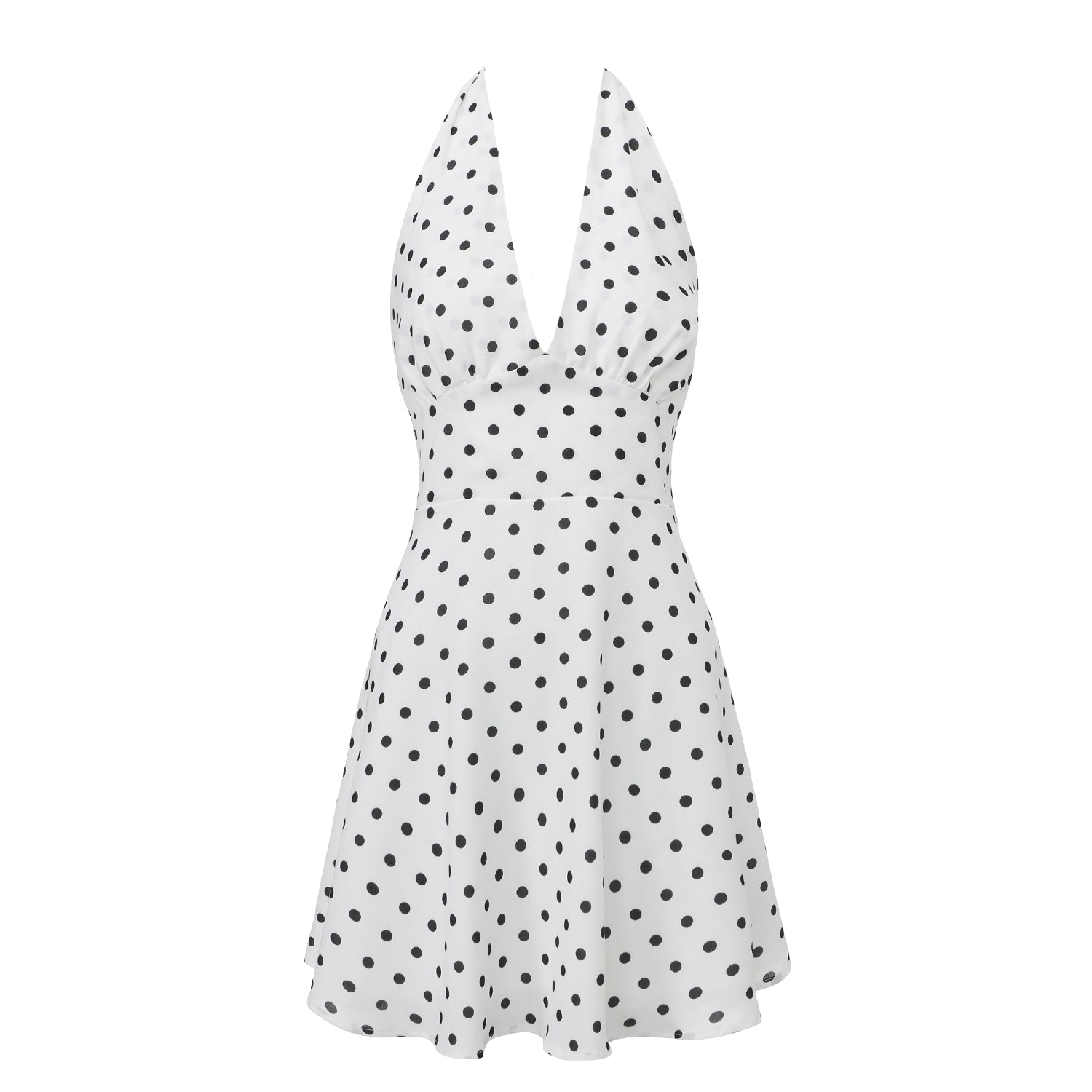 Women’s Polka Dot Halter Mini Dress, Deep V Neck Backless Tie Back Fit and Flare Summer Party Dress