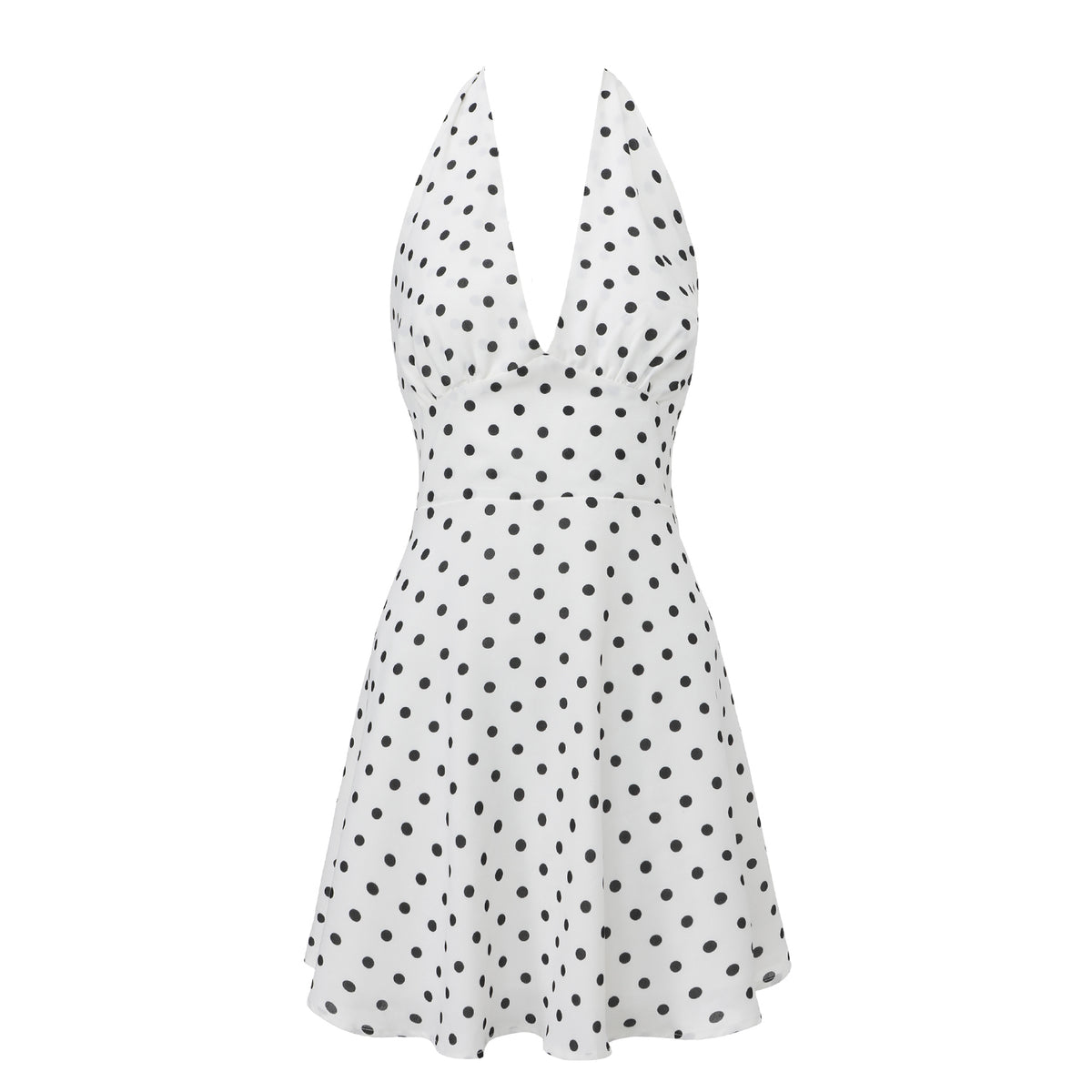 Women’s Polka Dot Halter Mini Dress, Deep V Neck Backless Tie Back Fit and Flare Summer Party Dress