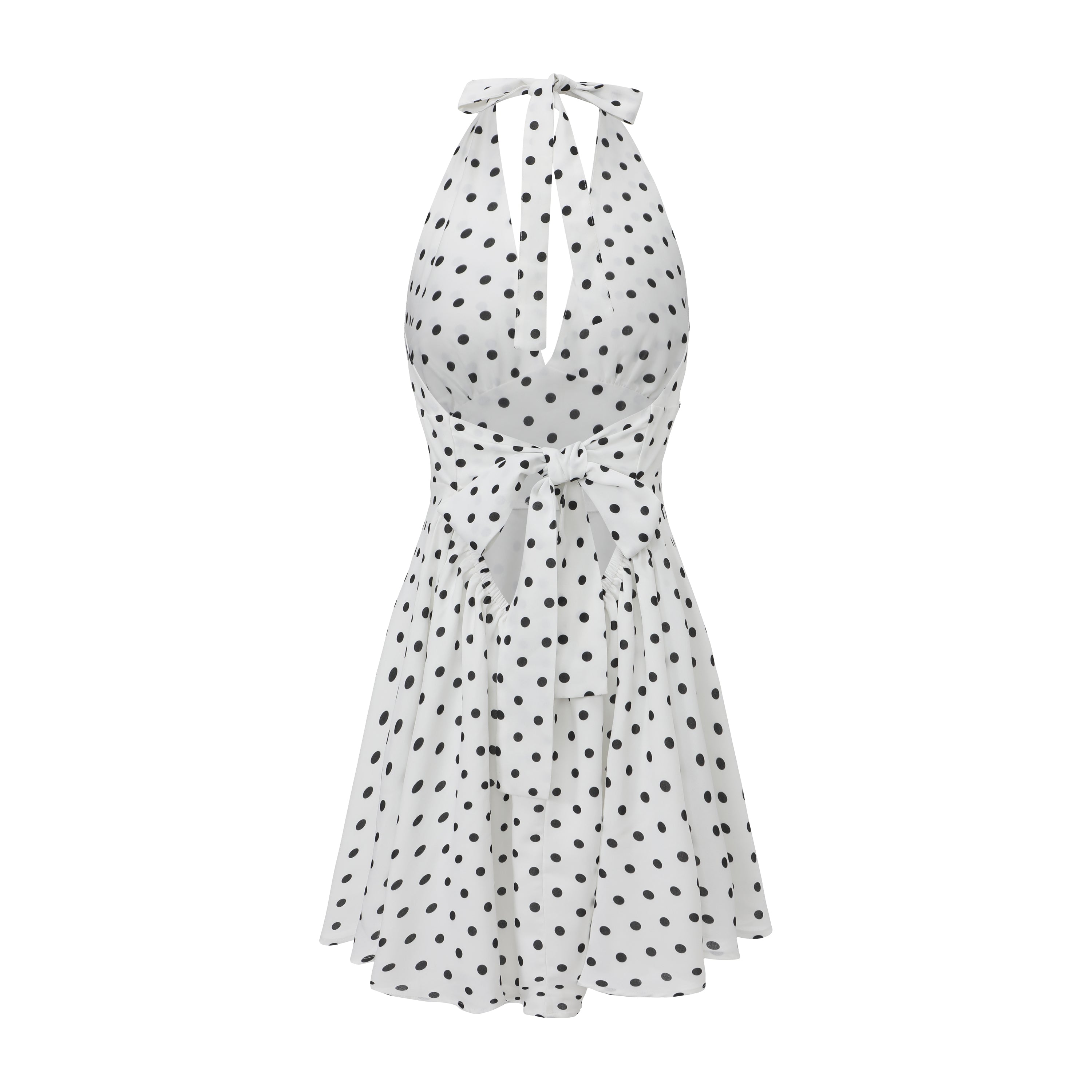 Women’s Polka Dot Halter Mini Dress, Deep V Neck Backless Tie Back Fit and Flare Summer Party Dress